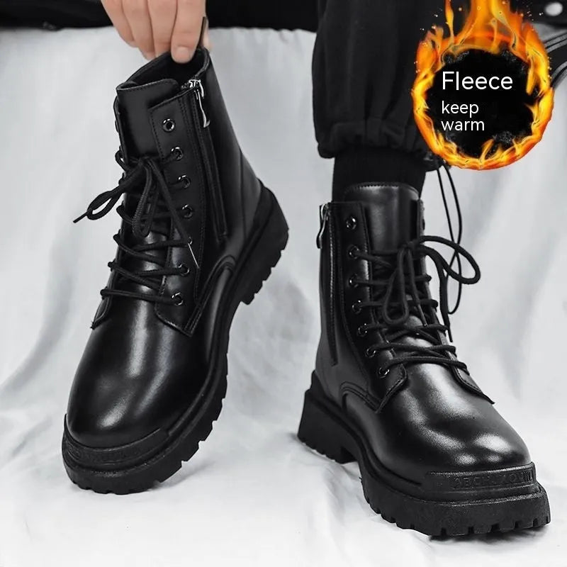 Men's black mid-top leather-style boots with rubber sole