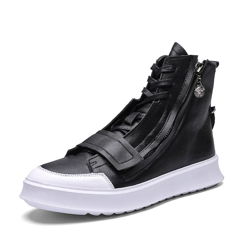 Men's black and white PU leather winter ankle boots in a high-top sneaker style.