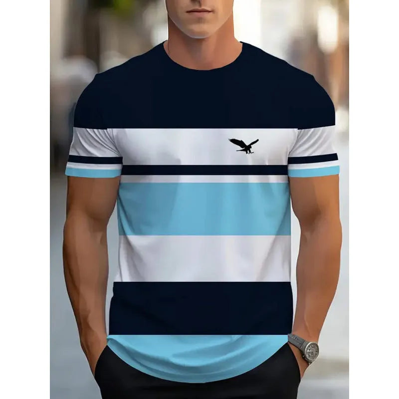 Men's short-sleeved striped t-shirt with digital 3D printing in loose business casual fit