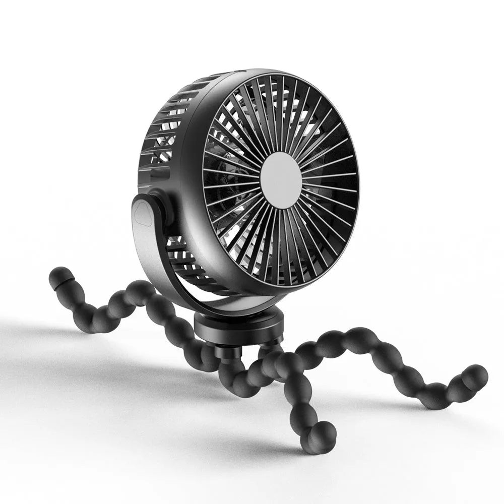 HOMEFISH F2 portable fan with automatic head shaking, LED light, and removable bracket on a white background.