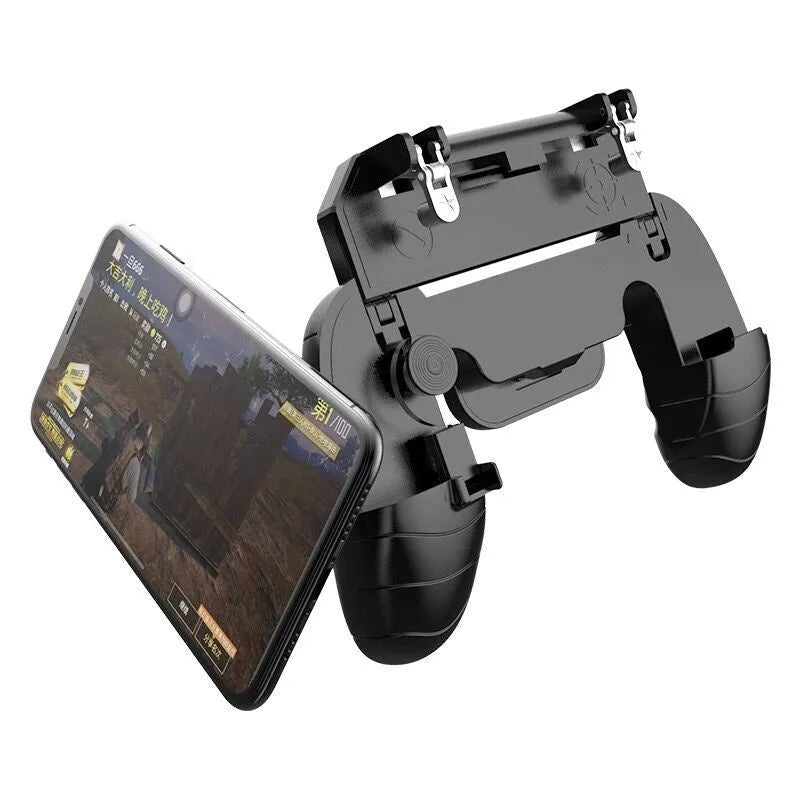 Adjustable Bluetooth mobile game controller handle holding a smartphone