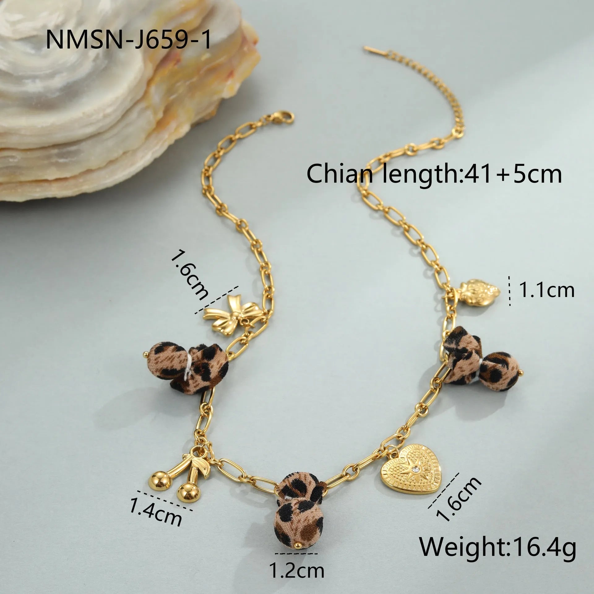 Women's stainless steel leopard pendant necklace with love heart and flower details on 41-50cm adjustable chain