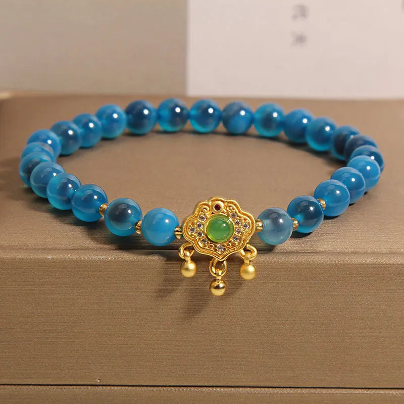 Blue sugar heart agate crystal bracelet with safety lock pendant for women