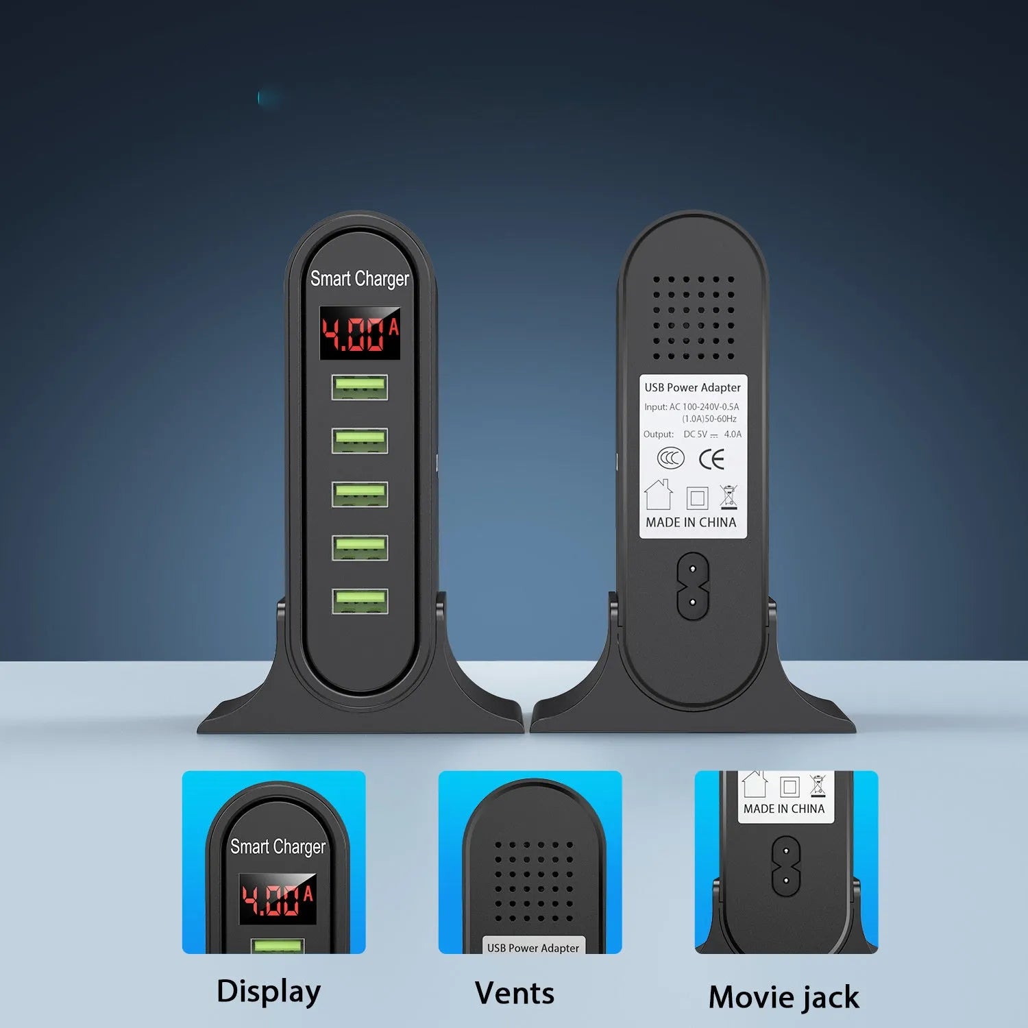 Black and white Smart LED Digital Display USB wall charger showing UK, US, and EU plug style options.