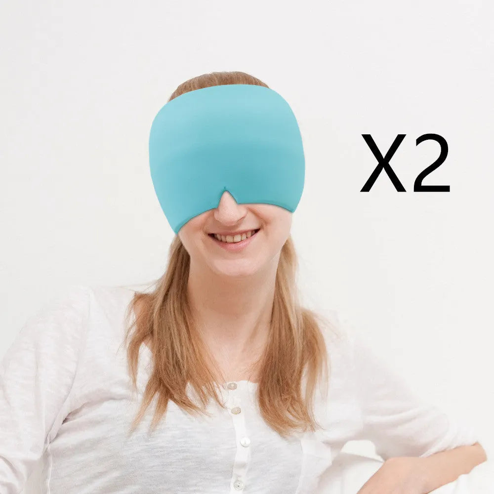 Black adjustable cold compress gel eye mask for headache relief on a plain background.
