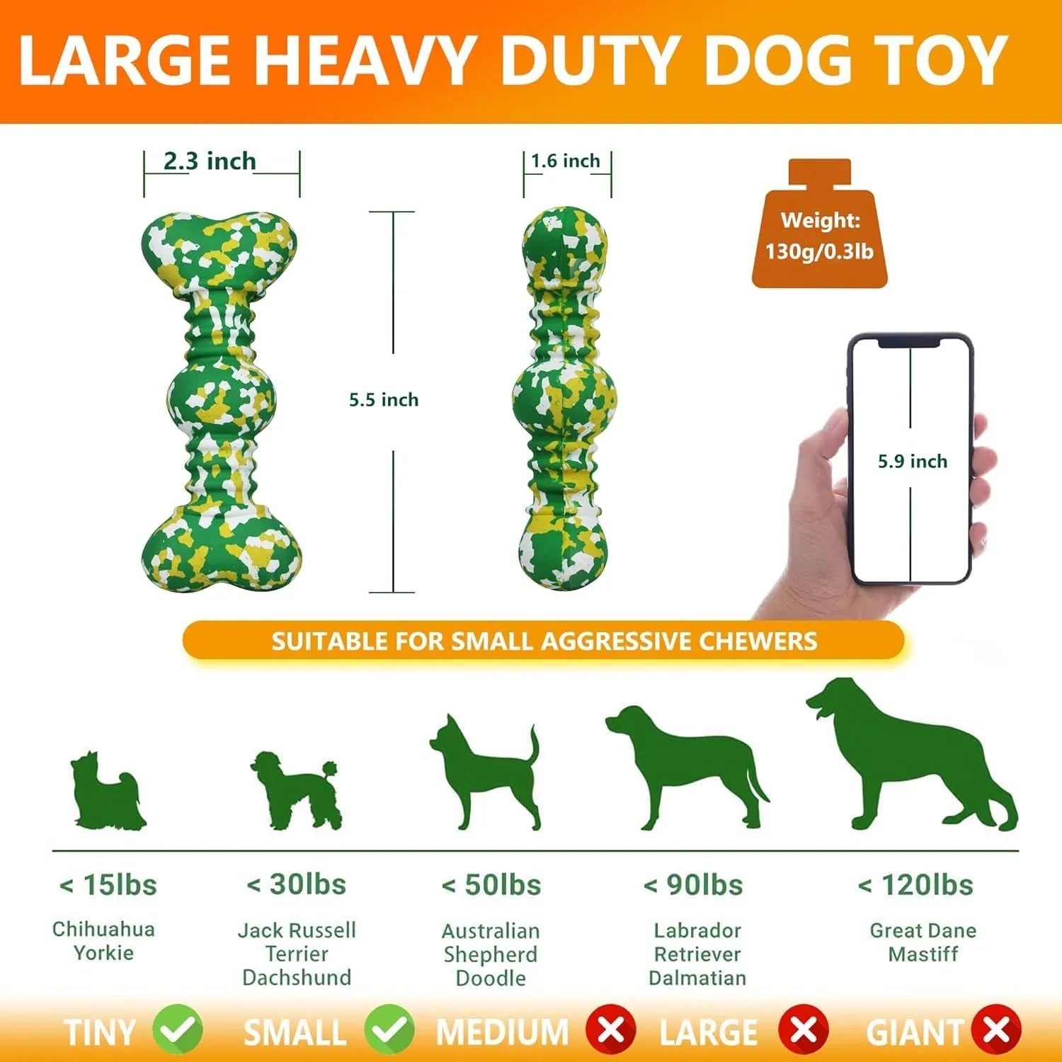 Natural rubber dog chew bone toy for large breeds in camouflage colours, shown in two sizes.