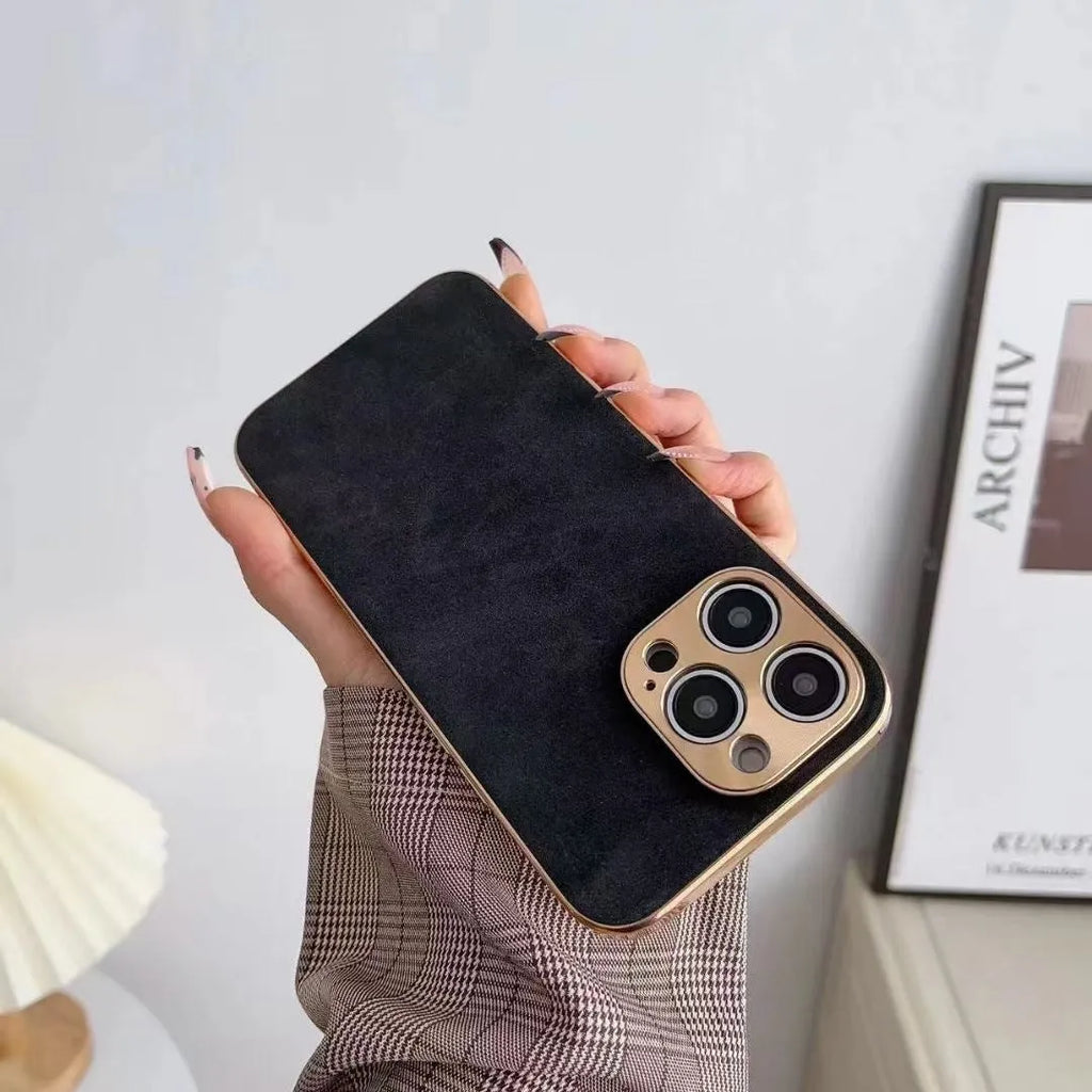 Leather texture phone case for iPhone shown in black, blue, grey, and grey-green colours.