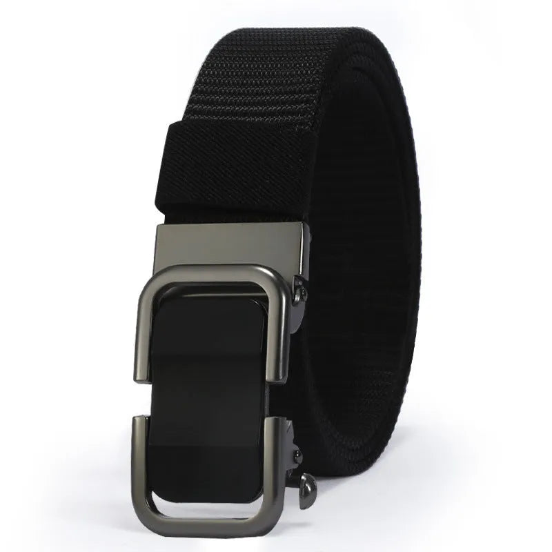 Men's navy blue nylon canvas belt with a silver alloy toothless buckle on a 120cm strap.