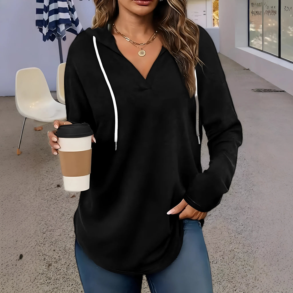 Women's V-neck hooded sweatshirt in black or red with long sleeves and loose fit