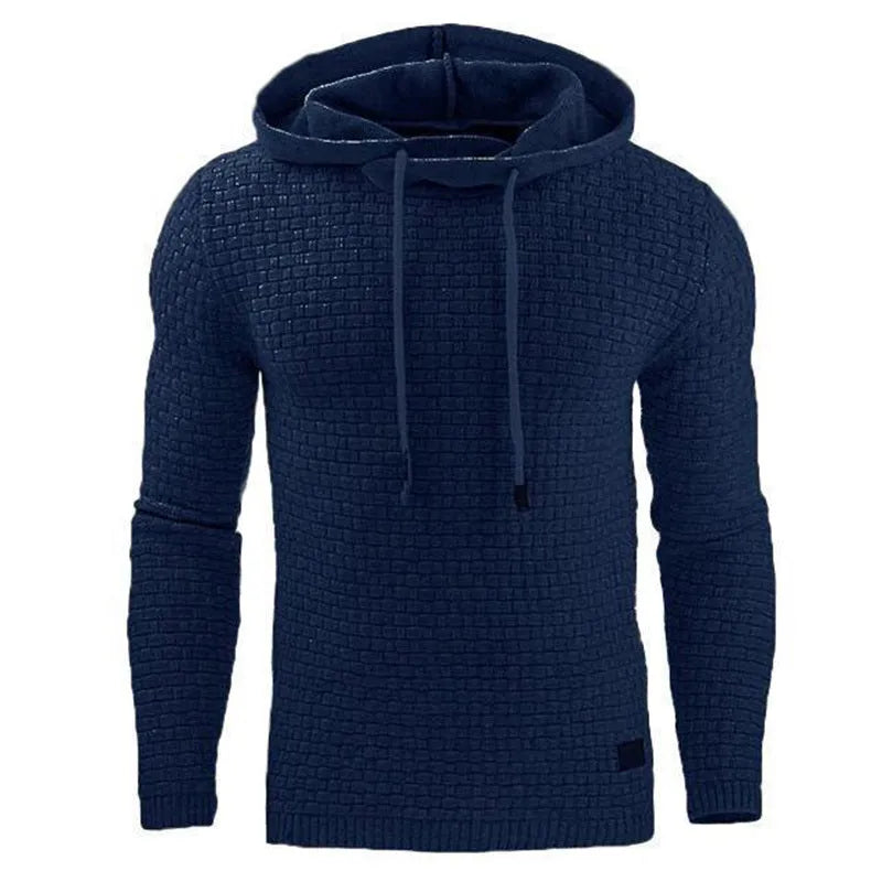 Men's black cotton-polyester blend hooded sweatshirt laid flat, showing front design and hood.