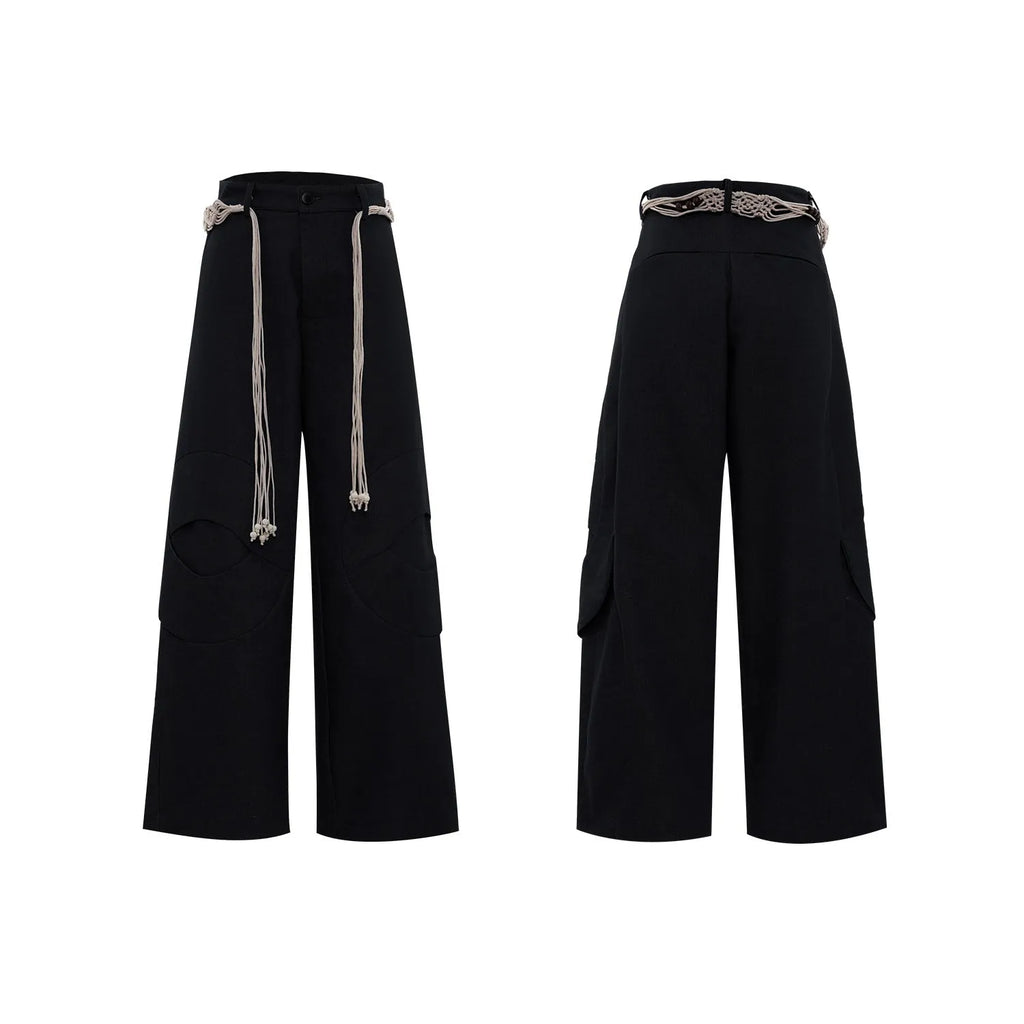 Men's dark blue straight-leg cotton jeans with heavy stitching on belt and zip decorations, shown in a loose fit.