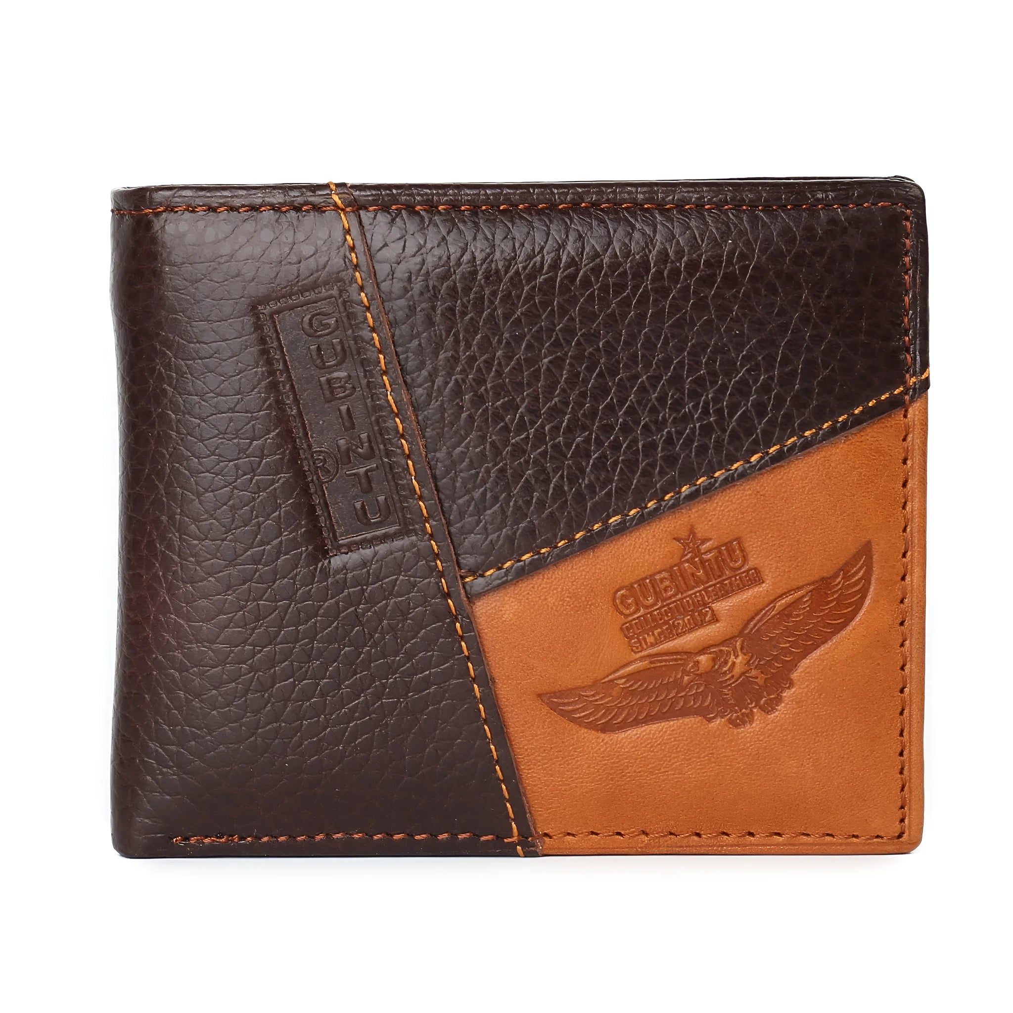 Soft cowhide leather wallet with contrast stitching, open to show card slots, bill holder, and a zipper coin compartment.