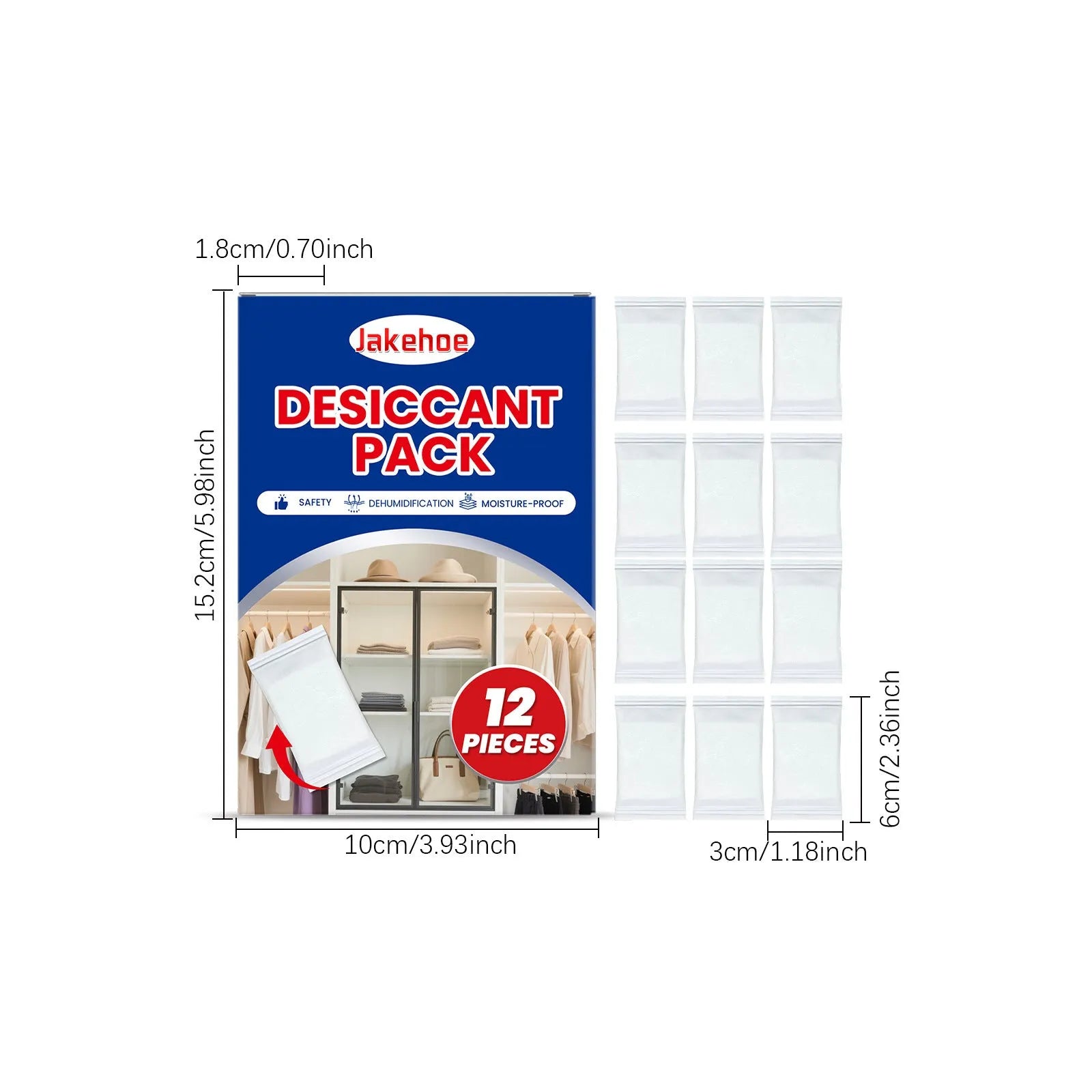 Pack of 12 white calcium chloride desiccant bags for absorbing household moisture and reducing damp.