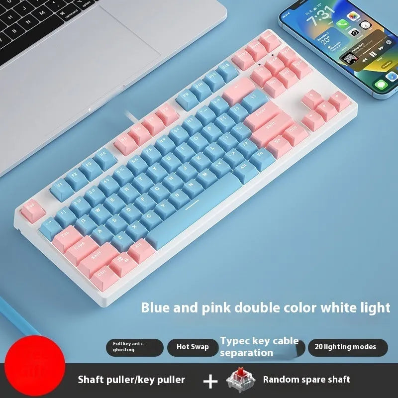87-key wired mechanical keyboard with hot-swappable sockets showing colour options and included accessories