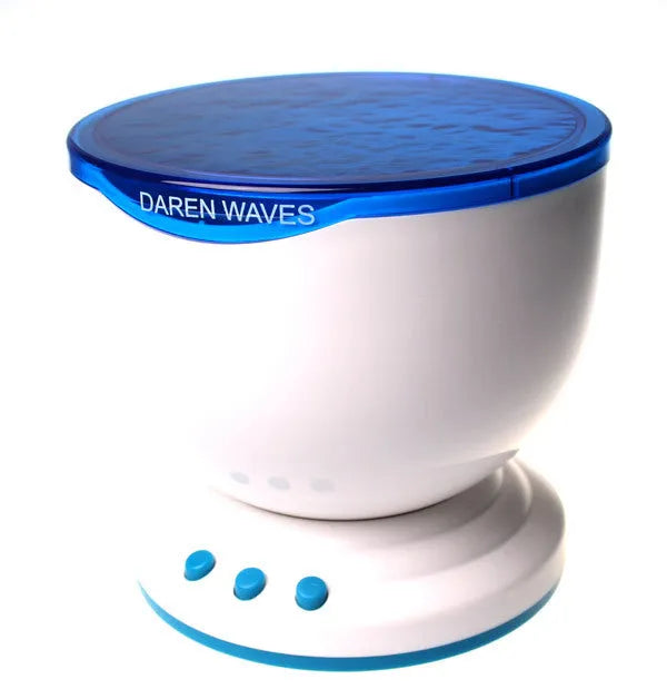Blue LED ocean lamp projection light projecting water effects on a wall with DLP correction