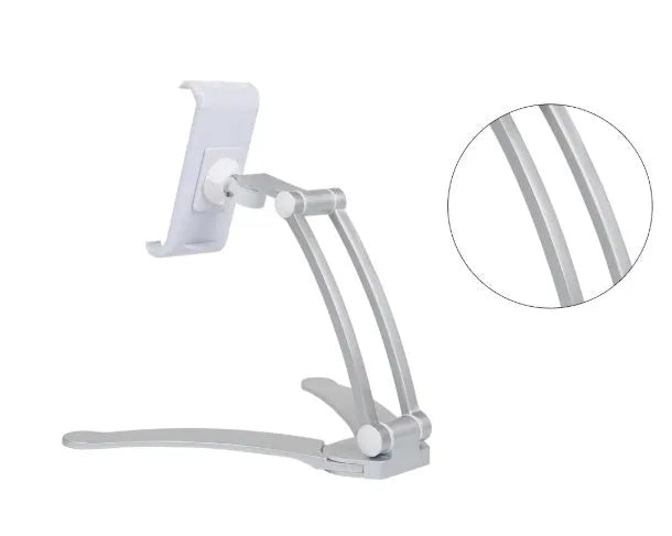 Silver aluminium alloy desktop tablet stand holding a tablet, showing 360-degree rotation adjustment.