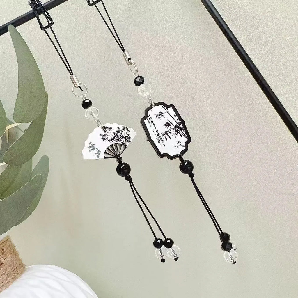 Guofeng Chinese style bead pendant keychain with plant and flower pattern in Fan colour
