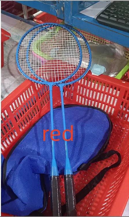 A pair of blue and red ultra-light alloy split badminton rackets from a full set