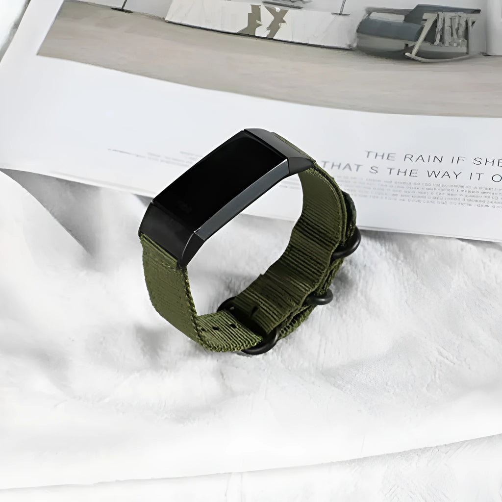 Nylon replacement strap with buckle for Fitbit Charge 2, 3, 4, and 5 fitness trackers.