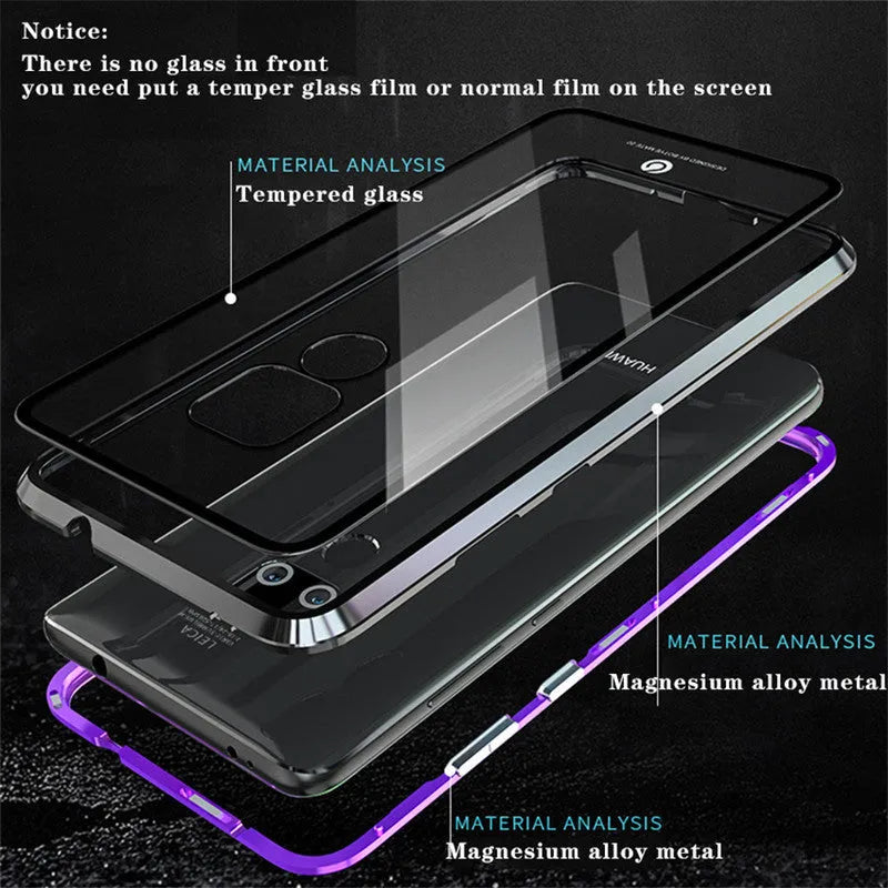 Metal magnetic phone case with tempered glass back showing phone design, available in black, blue, red, white