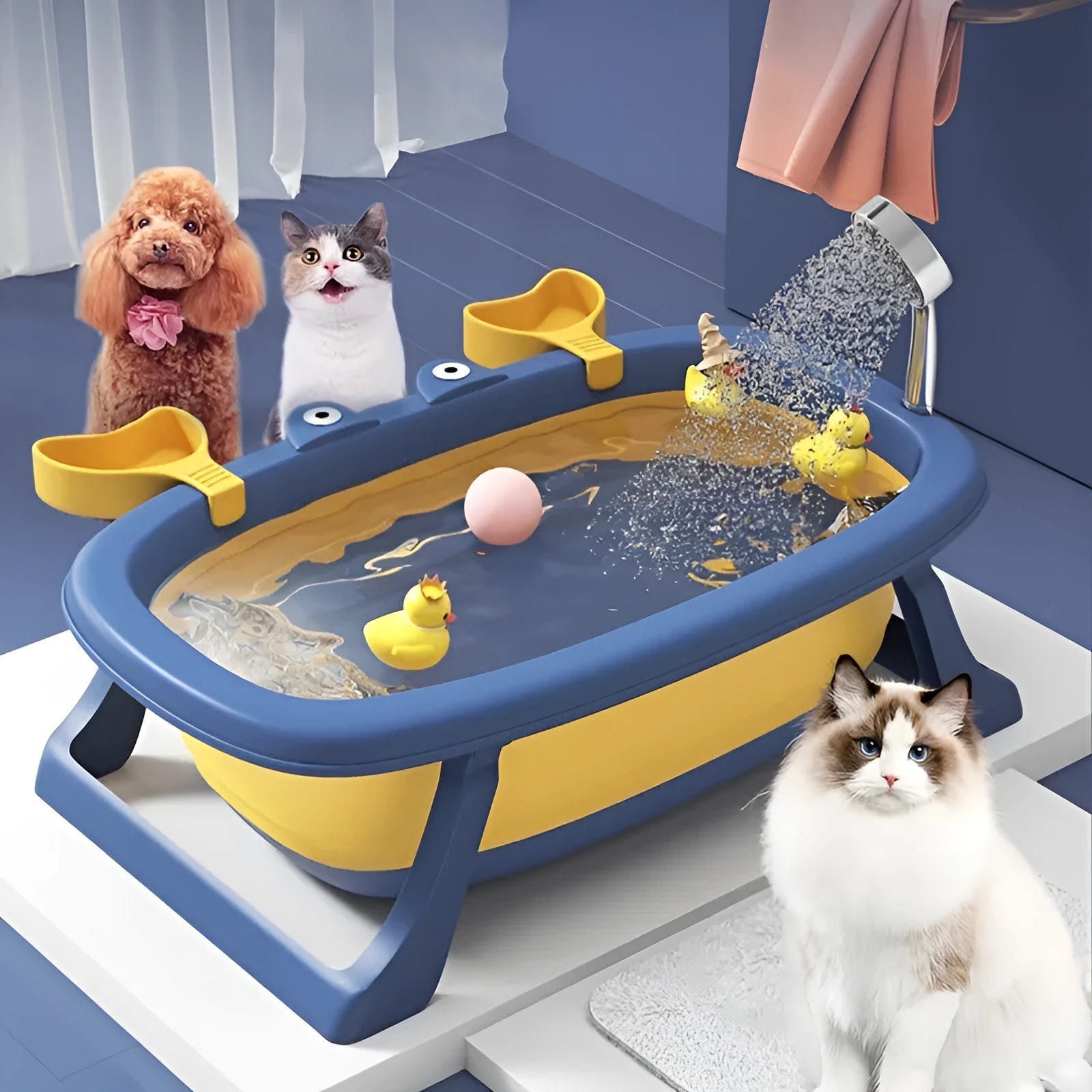 Blue foldable portable pet bathing tub for small dogs and cats