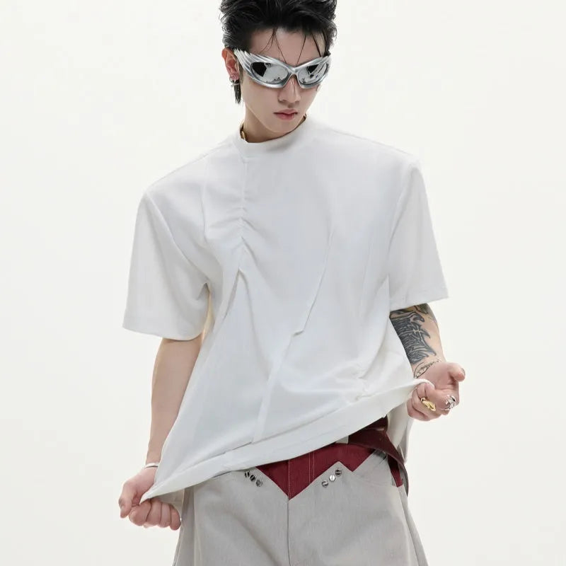 Men's grey cotton T-shirt with three-dimensional pleated texture and a loose fit