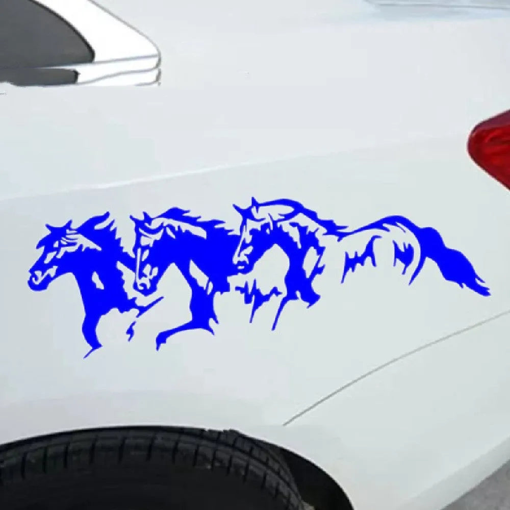 Three Horses design vinyl vehicle sticker measuring 25cm by 8cm.