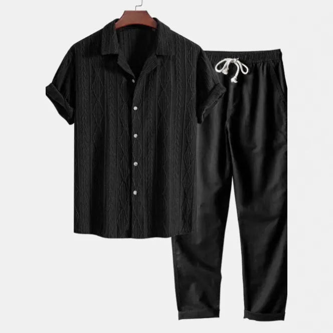 Men's slim fit casual suit set with digital camouflage print on short sleeve shirt and matching trousers