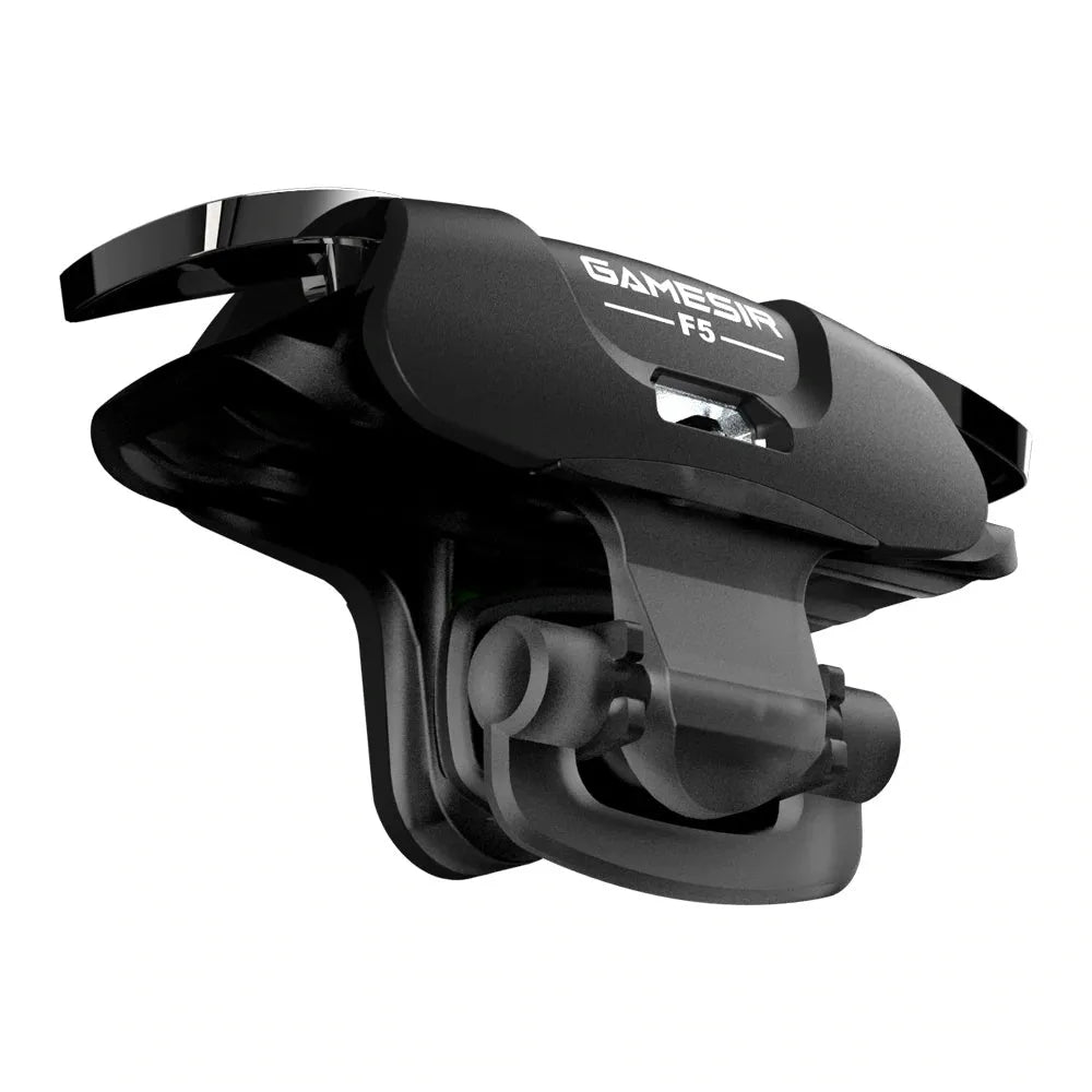Black F5 mobile game controller showing compact dimensions and USB connection for phone gaming