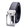 Men's brown and black genuine leather belt with rotating pin buckle showing 2-4cm width
