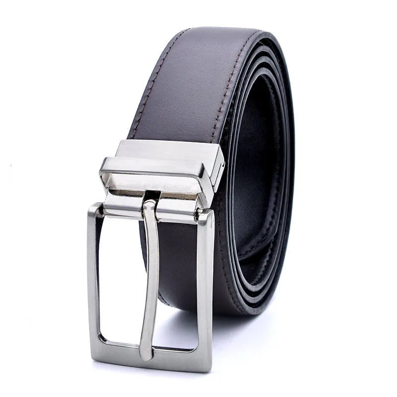 Men's brown and black genuine leather belt with rotating pin buckle showing 2-4cm width
