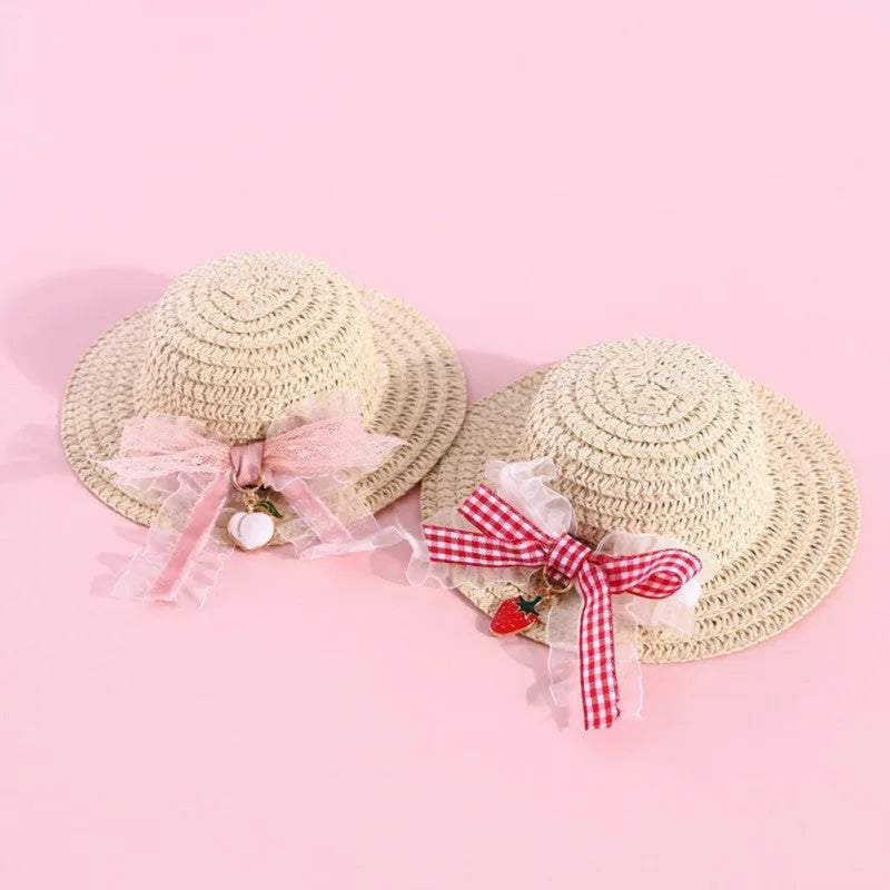 Handmade adjustable bowknot pet hat for dog or cat in cartoon style, showing colour options.