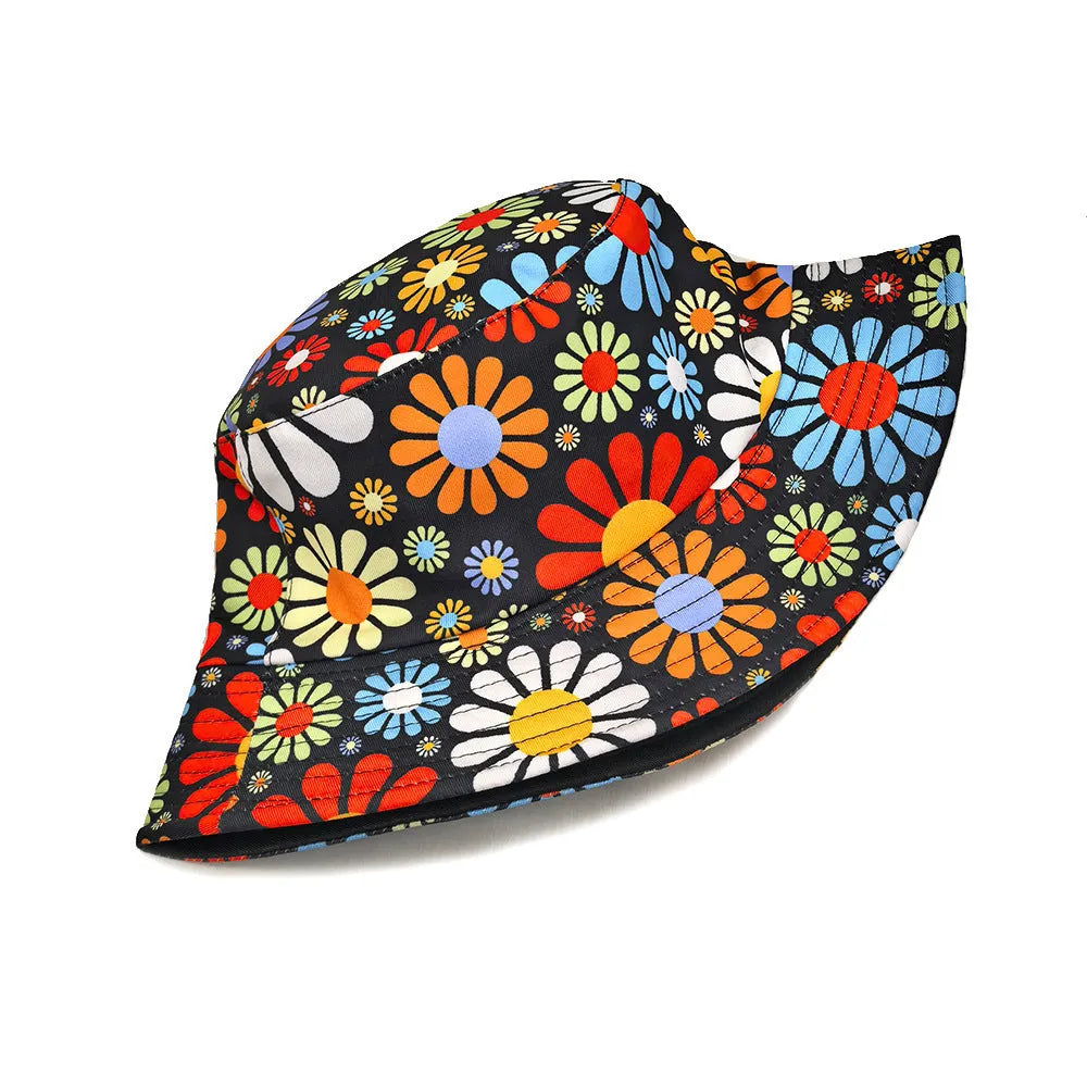 Colourful flower print polyester bucket hat with a dome crown on a neutral background.