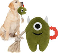 Blue monster dog toy with plush body and woven rope sections for chewing and tugging