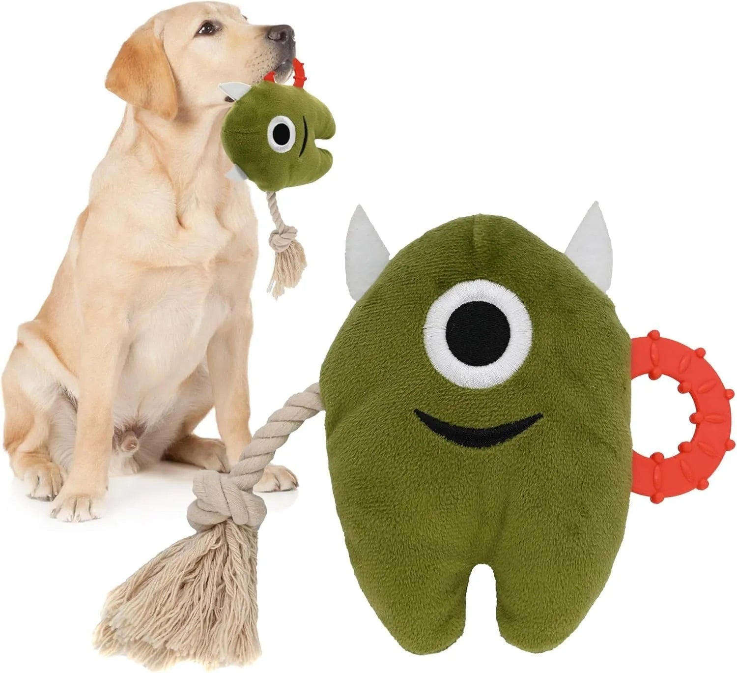 Blue monster dog toy with plush body and woven rope sections for chewing and tugging