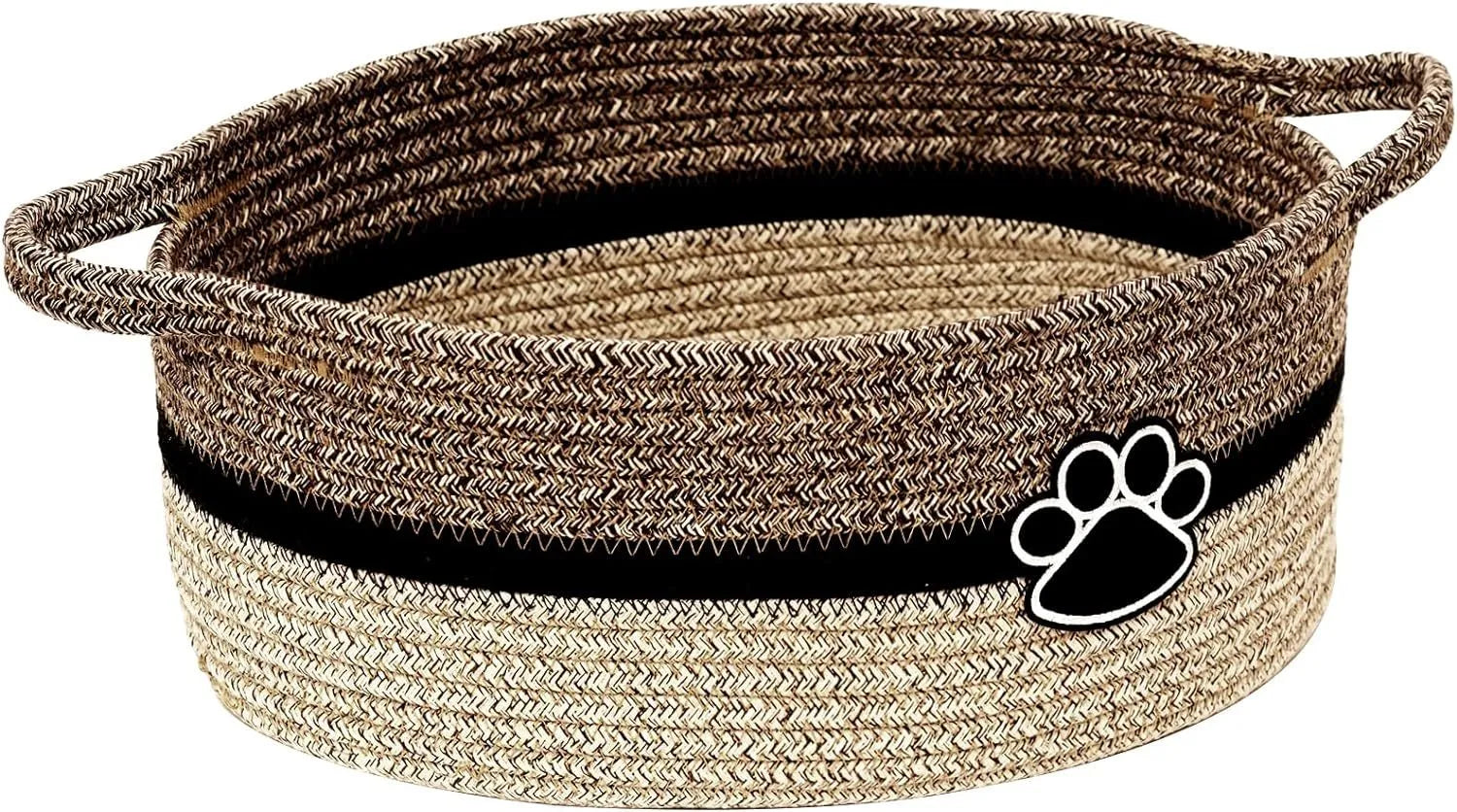 Small light beige woven cotton storage basket with wooden handle 34x26x15cm