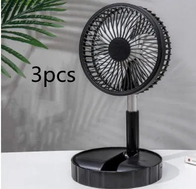 Black portable telescopic folding fan extended to full height showing ABS plastic body and aluminium alloy stand