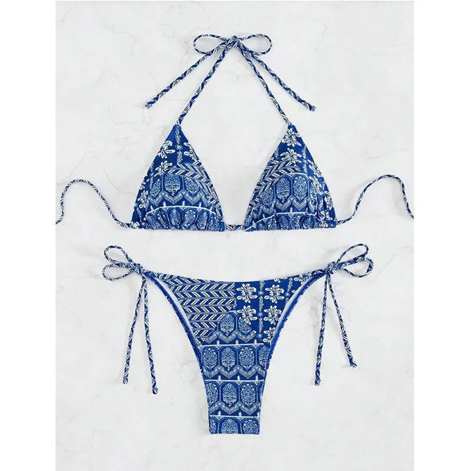 Women's split bikini swimsuit with bandage stitching in polyester fabric, available in multiple colours