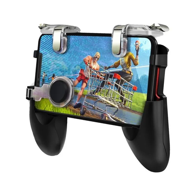 Black mobile phone gaming controller with physical buttons and plug-in connection cable