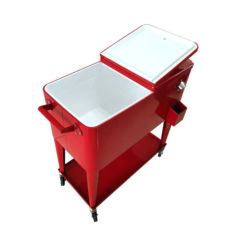 Red metal insulated trolley with 750ml capacity for outdoor picnics and camping