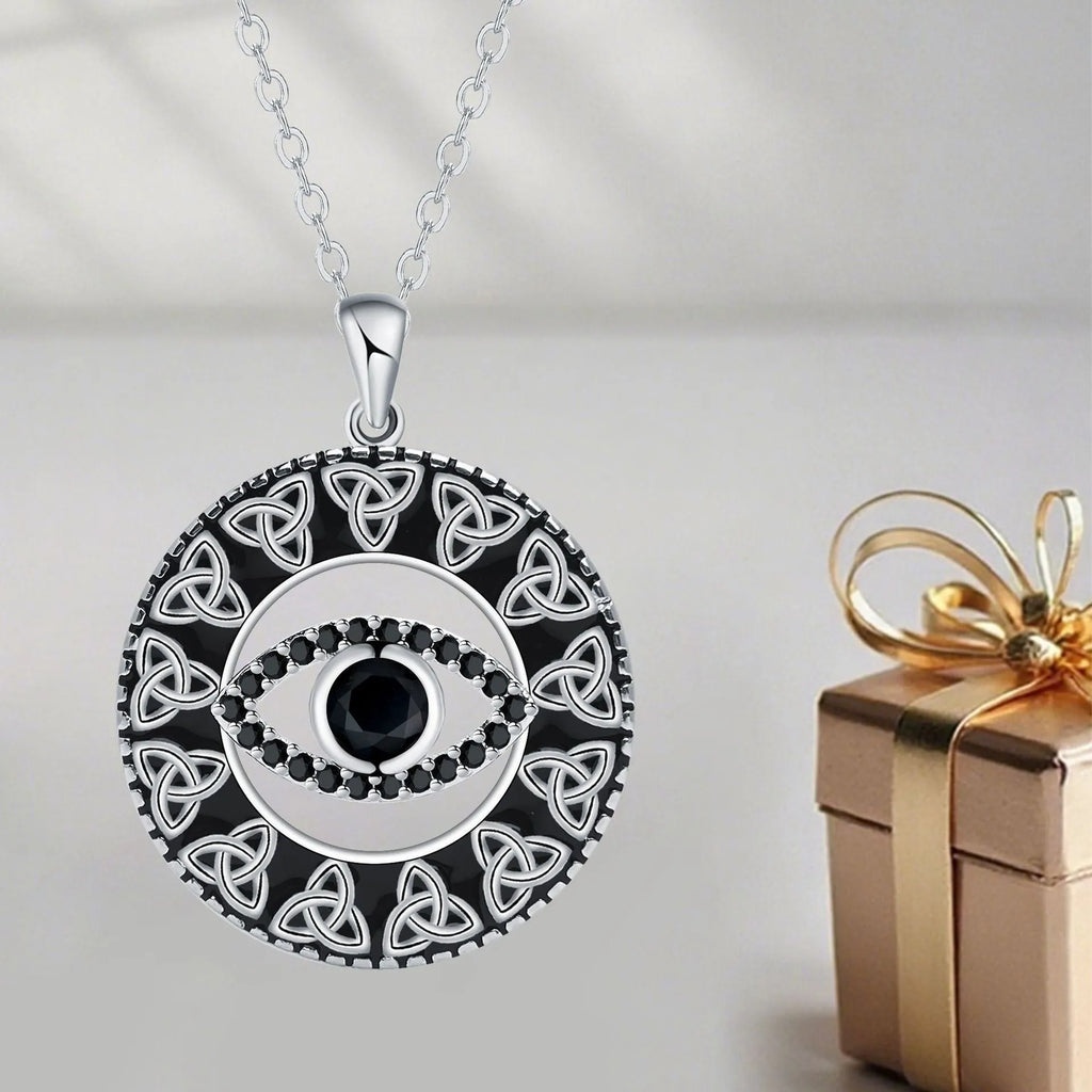 Copper electroplated Devil's Eye pendant necklace with a detailed cross chain for women.