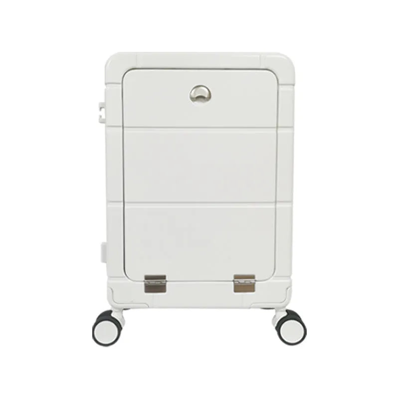 20-inch black cabin suitcase with a front-opening wet-dry compartment and four spinner wheels.