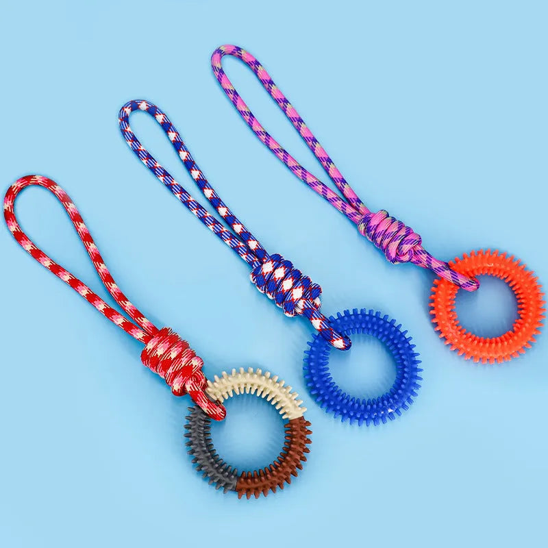 Blue braided rope pet toy with knot design measuring 43cm long for bite-resistant puppy entertainment