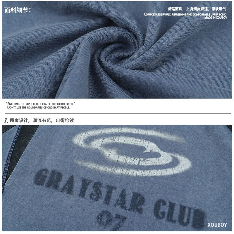 Men's blue hip hop letter print t-shirt with raglan sleeves and loose fit cotton construction