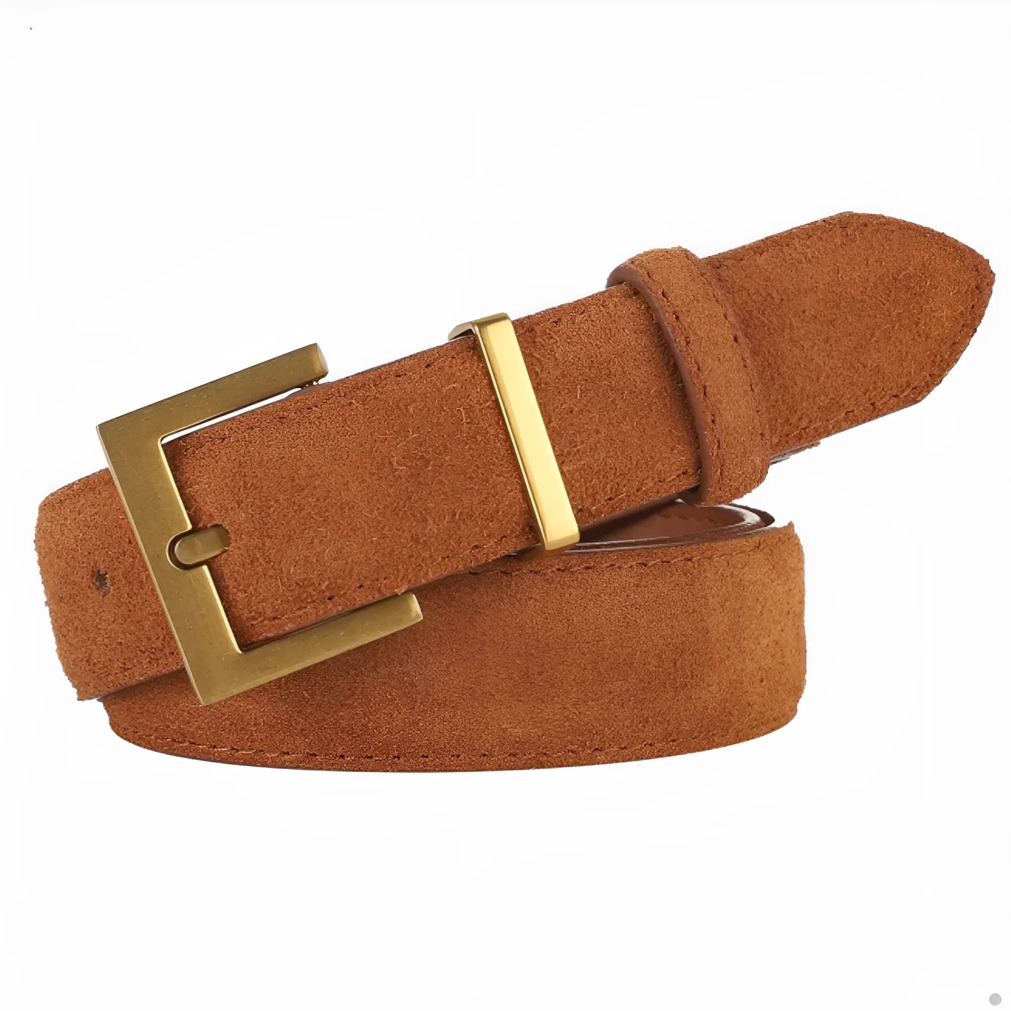 Ladies' black leather pin buckle belt with quadrilateral alloy buckle on a white background.