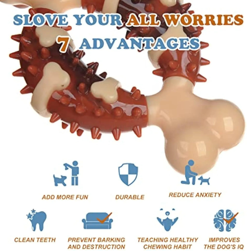 Bone-shaped natural rubber dog chew toy for teeth grinding, shown in two sizes.
