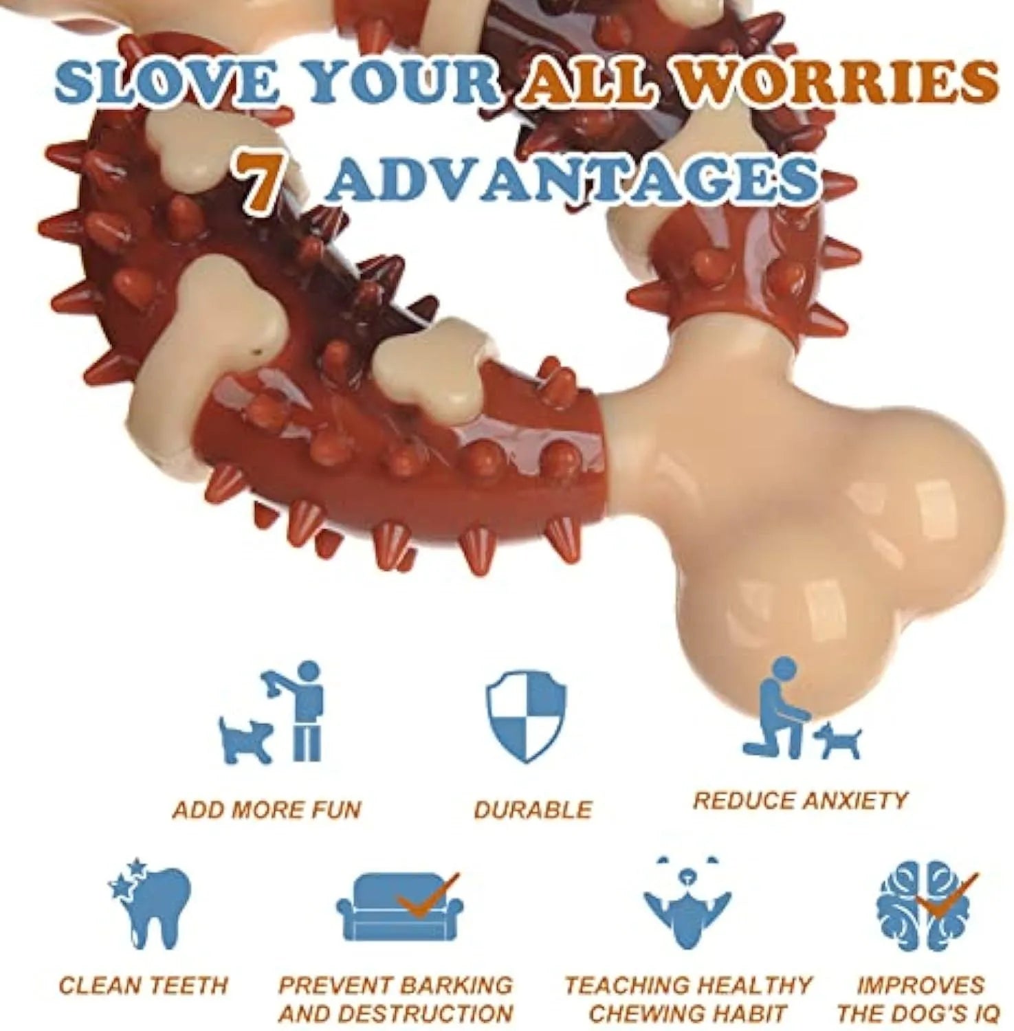 Bone-shaped natural rubber dog chew toy for teeth grinding, shown in two sizes.