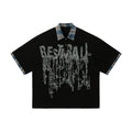 Men's loose fit cotton short-sleeved top with lapel and asymmetric graffiti print design in street style