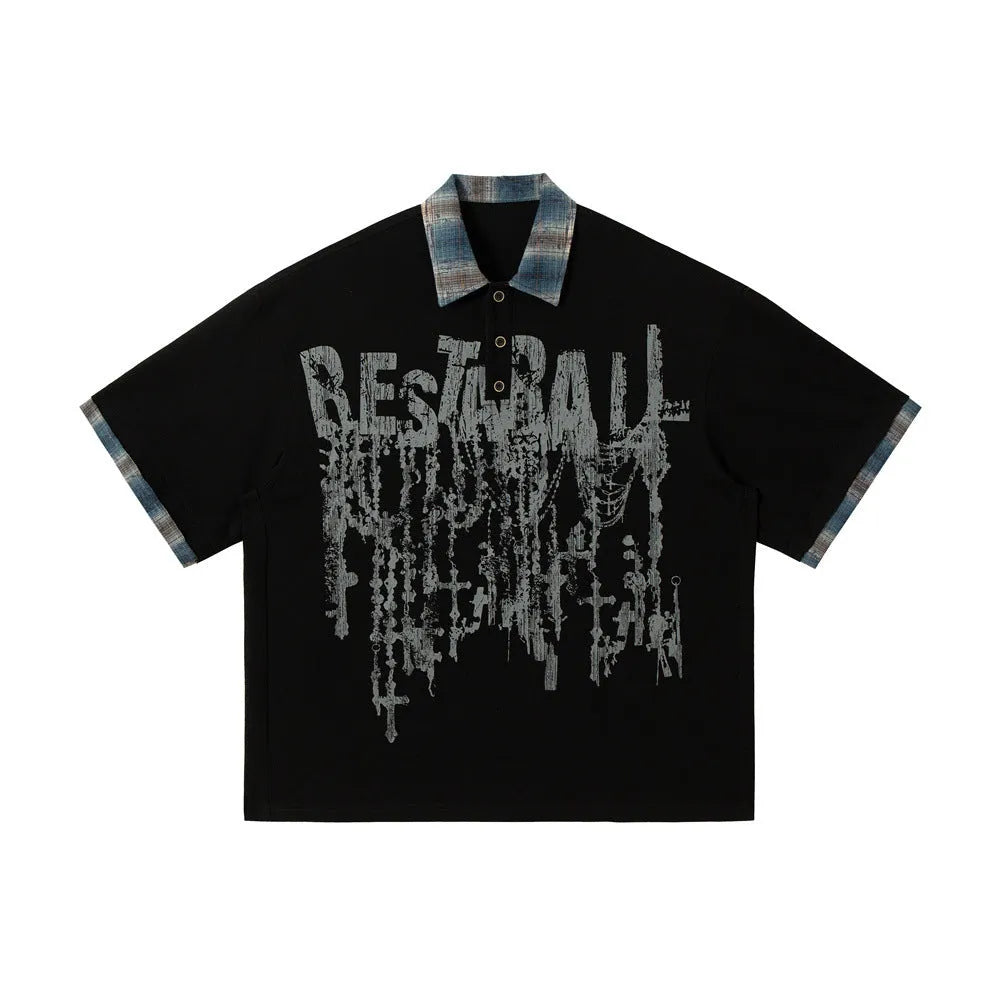 Men's loose fit cotton short-sleeved top with lapel and asymmetric graffiti print design in street style