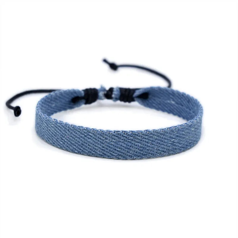 Adjustable denim fabric bracelet in various YYR colours with mixed material construction